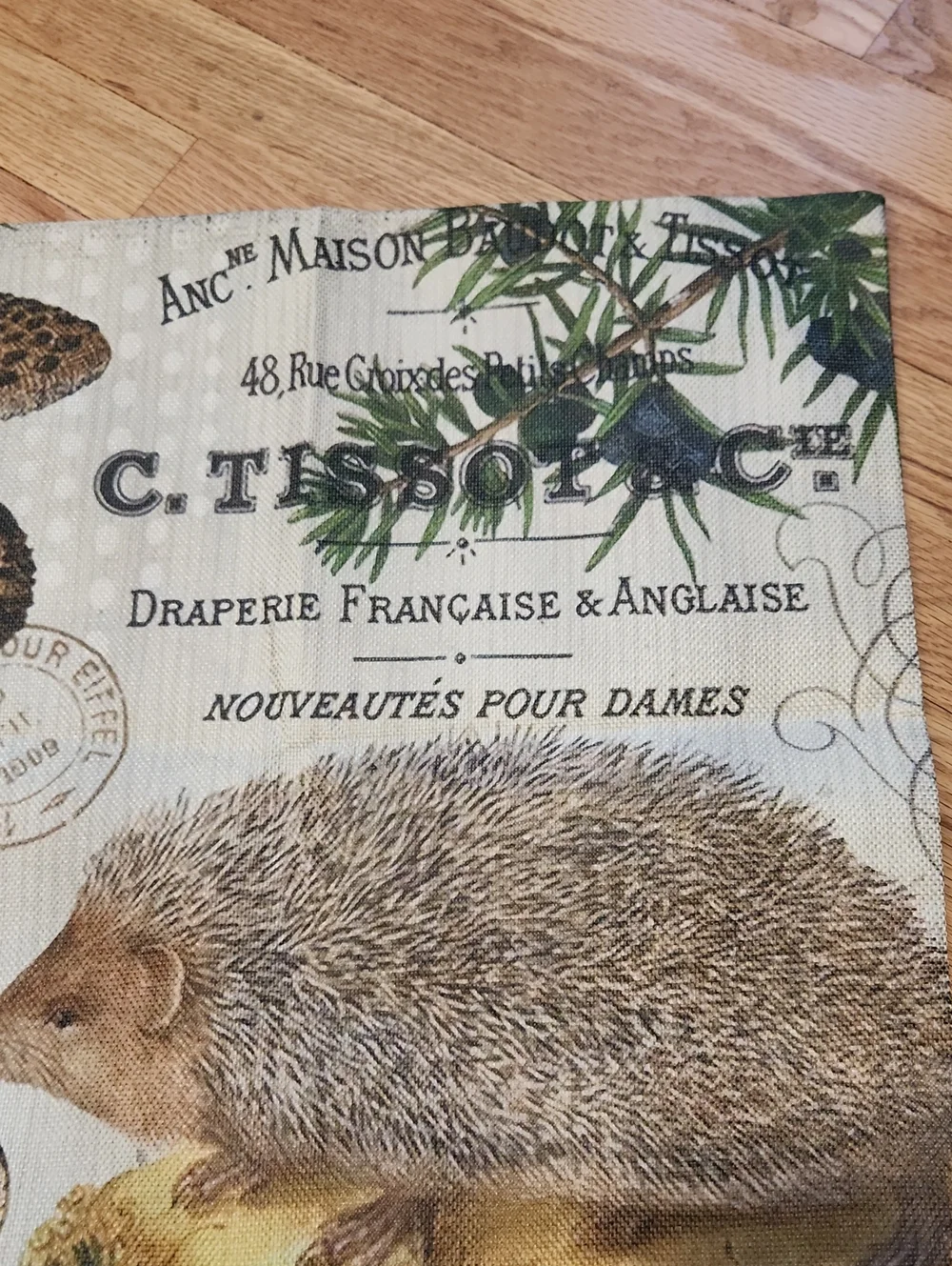 Vintage Look Botanical Hedgehog Square Pillow Cover with French Script